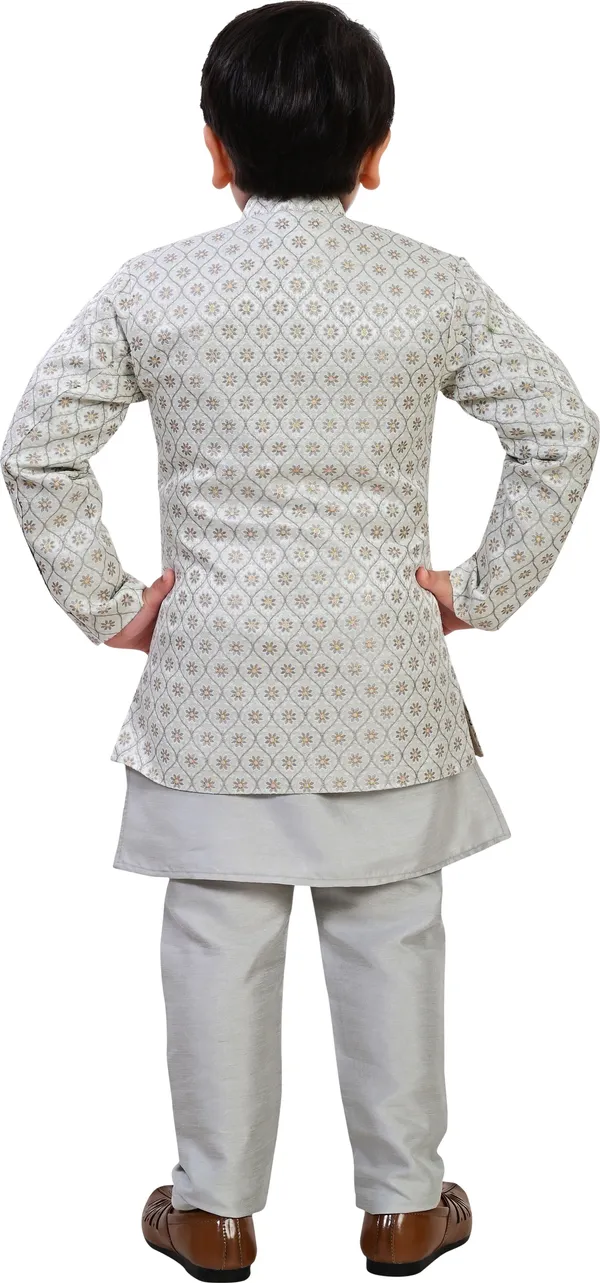Grey_Jacquard_Kurta,_Waistcoat_And_Pyjama_Set_Ethnic_Motifs_|Solid_For_Boys