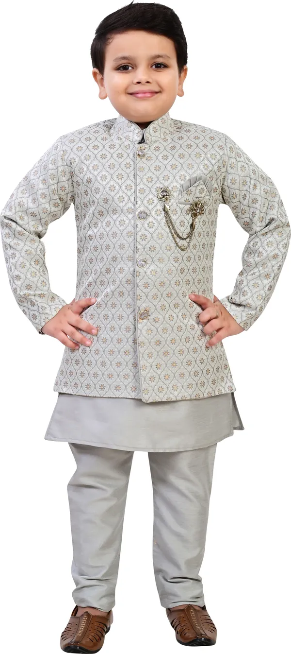 Grey_Jacquard_Kurta,_Waistcoat_And_Pyjama_Set_Ethnic_Motifs_|Solid_For_Boys