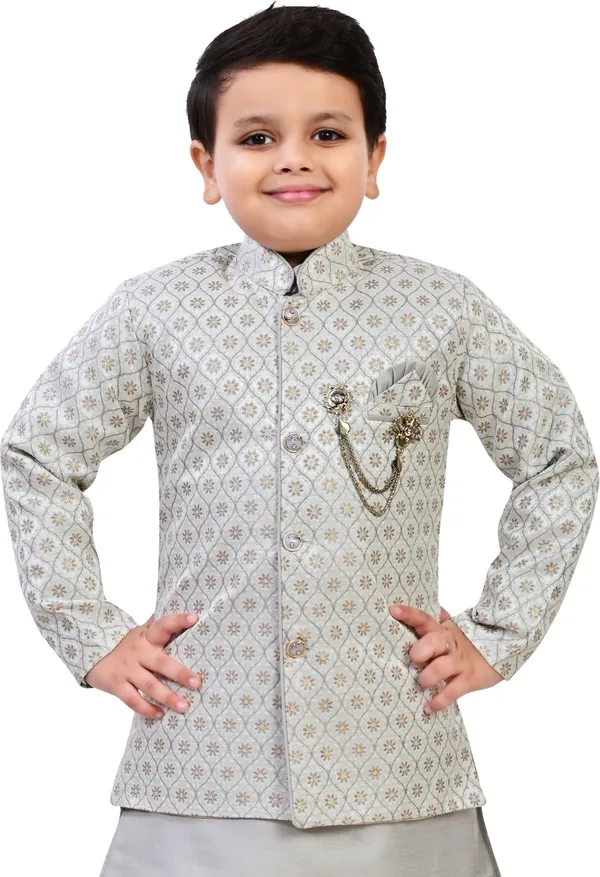 Grey_Jacquard_Kurta,_Waistcoat_And_Pyjama_Set_Ethnic_Motifs_|Solid_For_Boys
