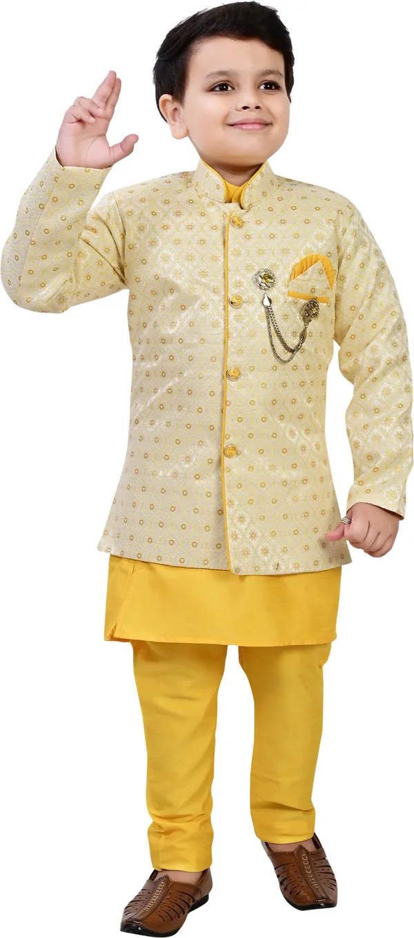Yellow_Pure_Silk_Kurta,_Waistcoat_And_Pyjama_Set_Ethnic_Motifs_|Solid_For_Boys