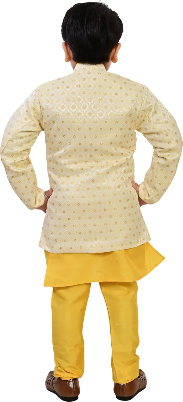 Yellow_Pure_Silk_Kurta,_Waistcoat_And_Pyjama_Set_Ethnic_Motifs_|Solid_For_Boys