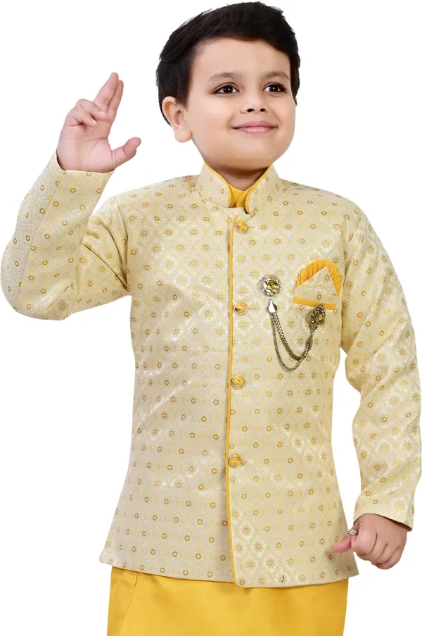 Yellow_Pure_Silk_Kurta,_Waistcoat_And_Pyjama_Set_Ethnic_Motifs_|Solid_For_Boys