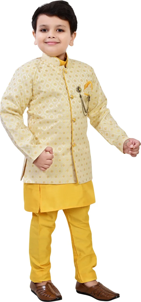 Yellow_Pure_Silk_Kurta,_Waistcoat_And_Pyjama_Set_Ethnic_Motifs_|Solid_For_Boys