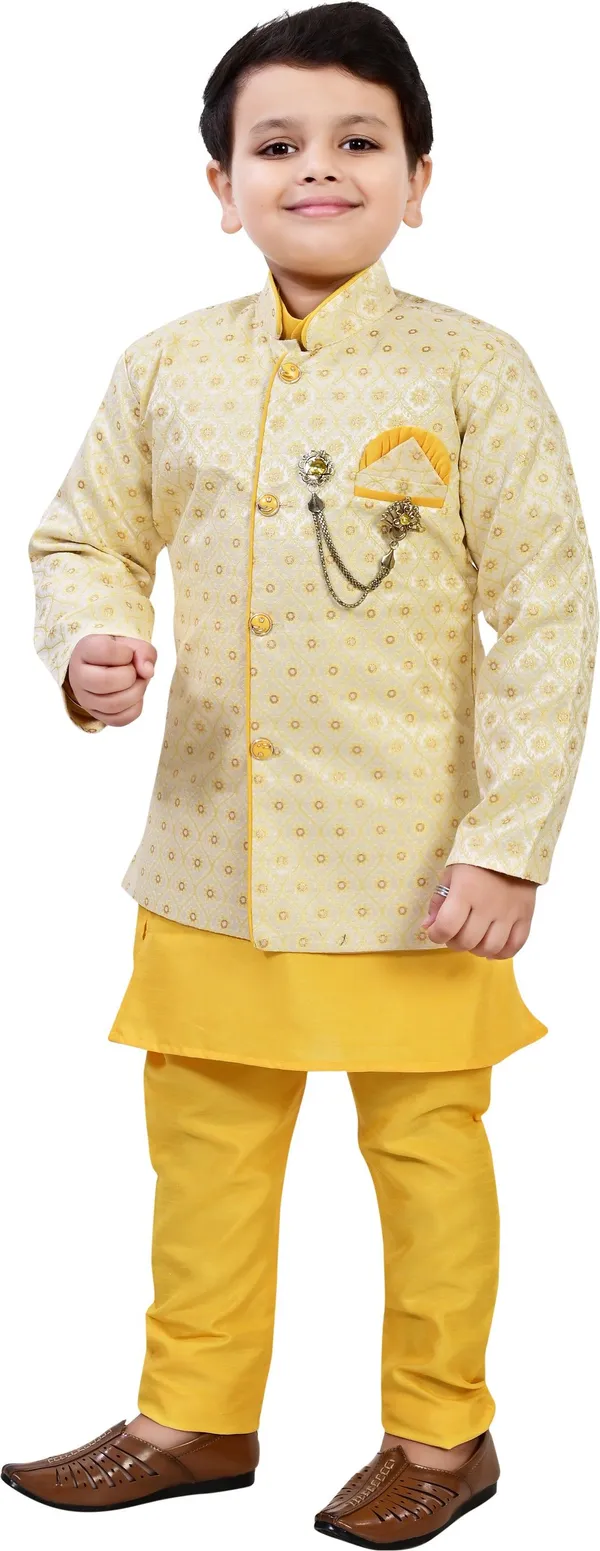 Yellow_Pure_Silk_Kurta,_Waistcoat_And_Pyjama_Set_Ethnic_Motifs_|Solid_For_Boys