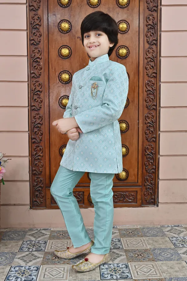 Sky_Blue_Jacquard_Sherwani_And_Churidar_Set_Ethnic_Motifs_For_Boys