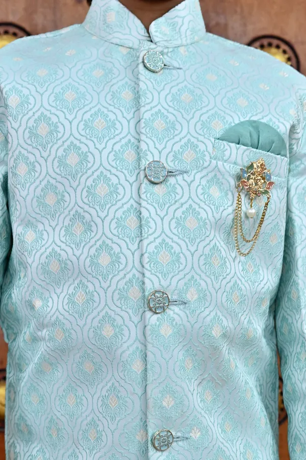 Sky_Blue_Jacquard_Sherwani_And_Churidar_Set_Ethnic_Motifs_For_Boys