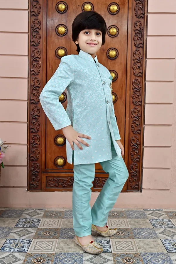 Sky_Blue_Jacquard_Sherwani_And_Churidar_Set_Ethnic_Motifs_For_Boys