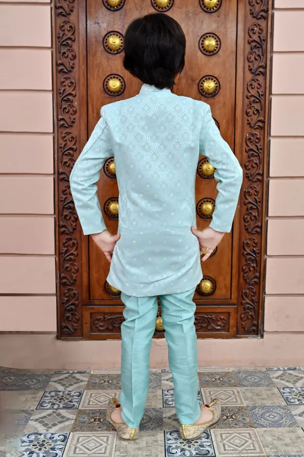 Sky_Blue_Jacquard_Sherwani_And_Churidar_Set_Ethnic_Motifs_For_Boys