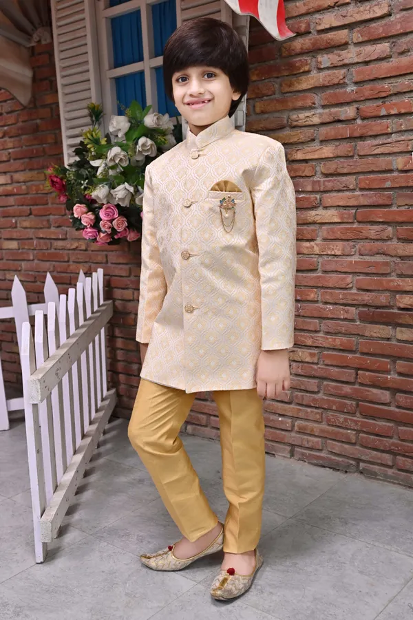 Cream_Jacquard_Sherwani_And_Churidar_Set_Ethnic_Motifs_For_Boys