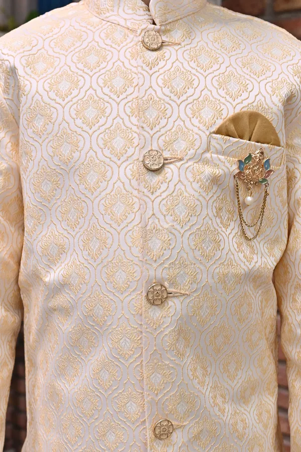 Cream_Jacquard_Sherwani_And_Churidar_Set_Ethnic_Motifs_For_Boys