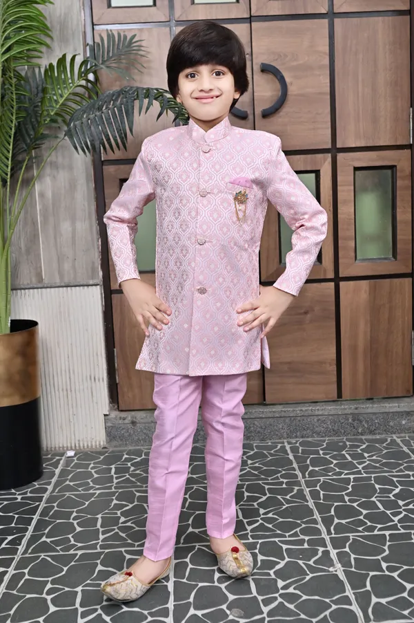 Pink_Jacquard_Sherwani_And_Churidar_Set_Ethnic_Motifs_For_Boys