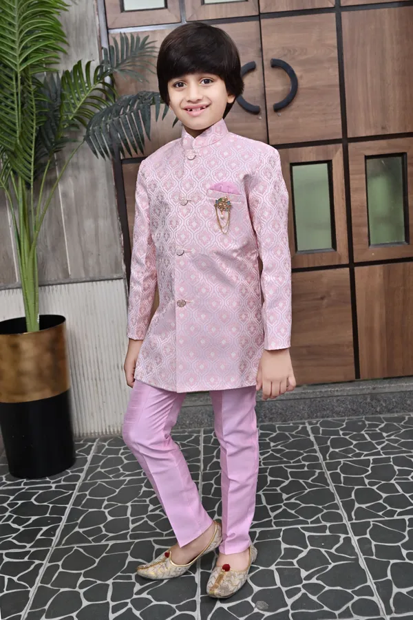 Pink_Jacquard_Sherwani_And_Churidar_Set_Ethnic_Motifs_For_Boys