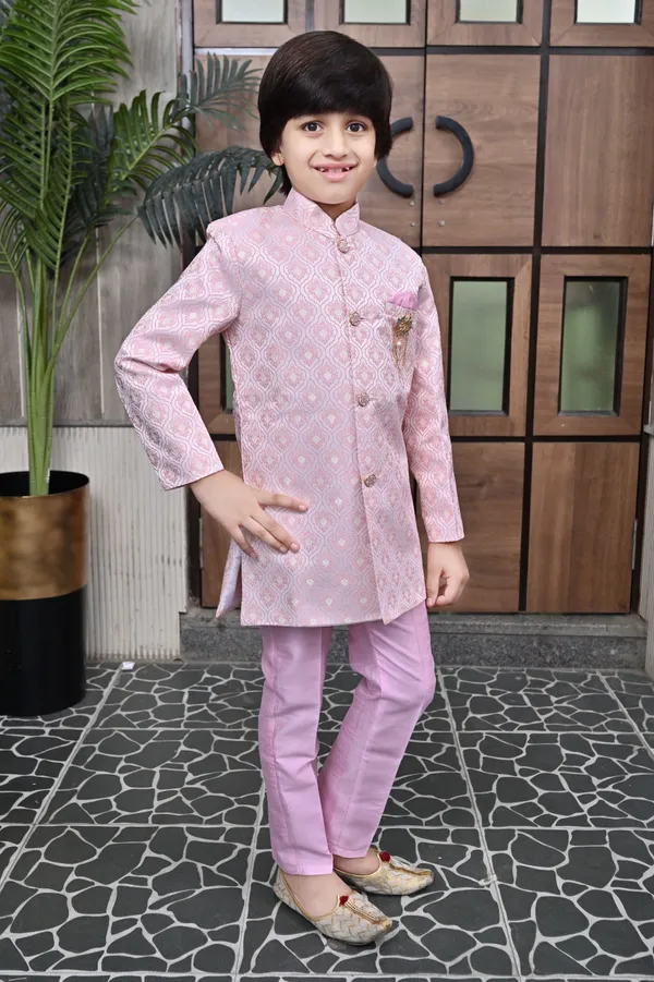 Pink_Jacquard_Sherwani_And_Churidar_Set_Ethnic_Motifs_For_Boys