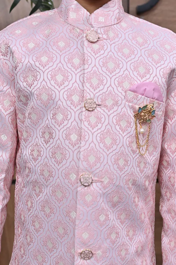 Pink_Jacquard_Sherwani_And_Churidar_Set_Ethnic_Motifs_For_Boys