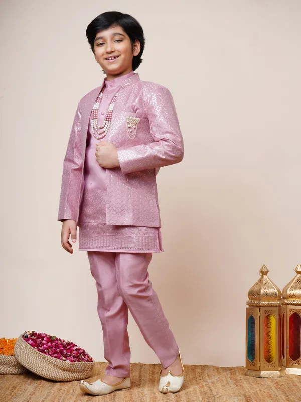 Onion_Pink_Cotton_Silk_Kurta,_Waistcoat_And_Pyjama_Set_Ethnic_Motifs_For_Boys