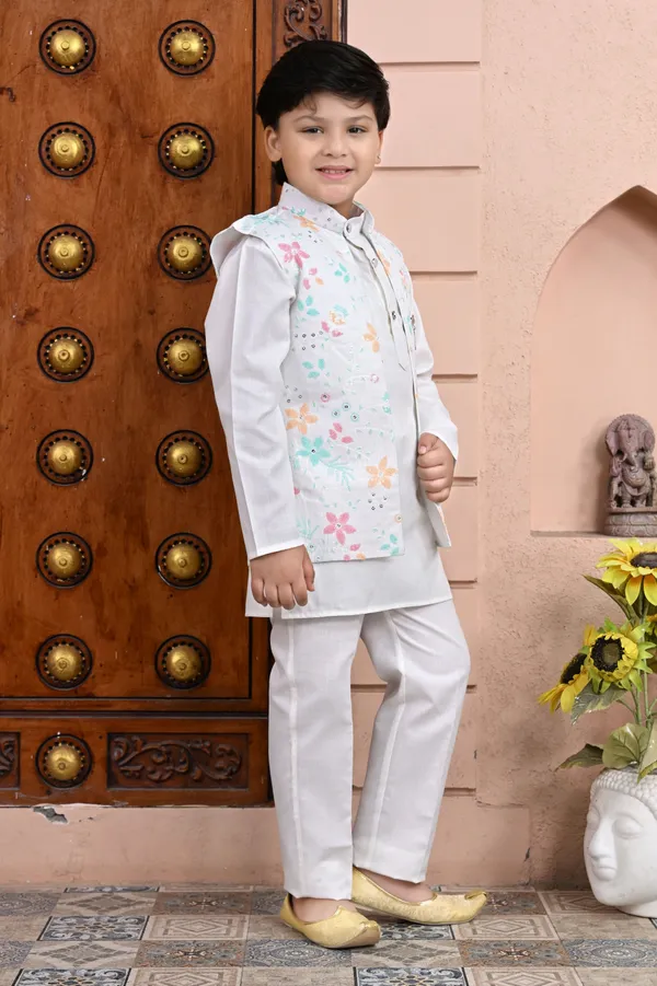 Multicolor_Cotton_Blend_Kurta,_Waistcoat_And_Pyjama_Set_Embellished_|Embroidered_For_Boys