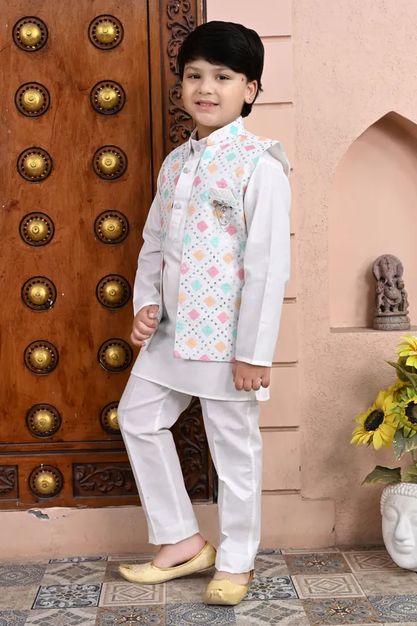 Multicolor_Cotton_Blend_Kurta,_Waistcoat_And_Pyjama_Set_Embellished_|Embroidered_For_Boys