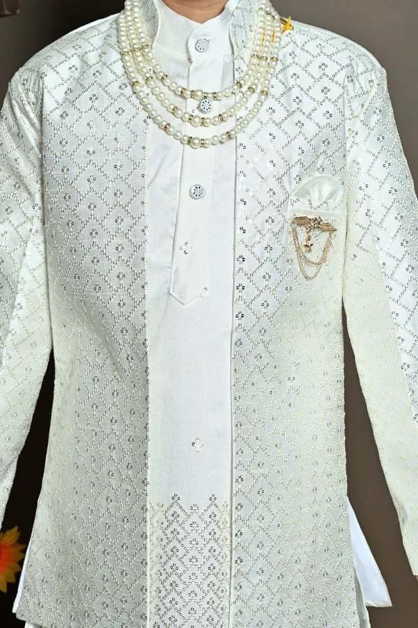 White_Cotton_Silk_Kurta,_Waistcoat_And_Pyjama_Set_Embellished_For_Boys