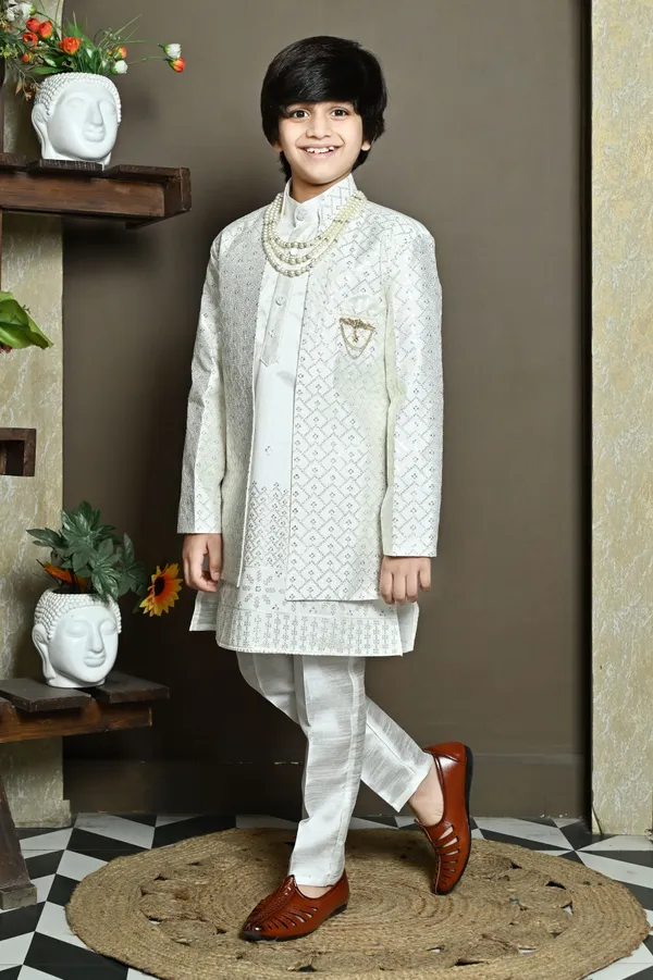 White_Cotton_Silk_Kurta,_Waistcoat_And_Pyjama_Set_Embellished_For_Boys