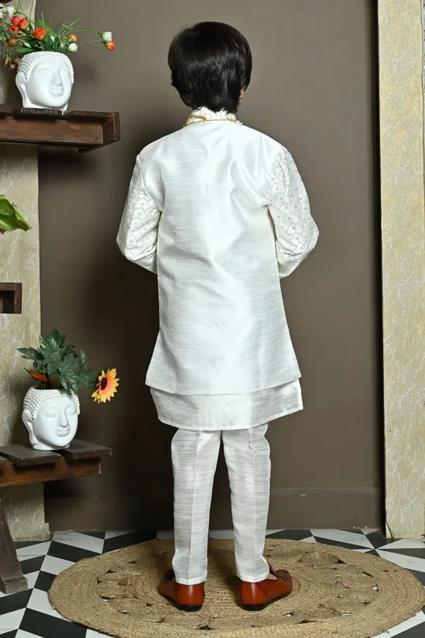 White_Cotton_Silk_Kurta,_Waistcoat_And_Pyjama_Set_Embellished_For_Boys