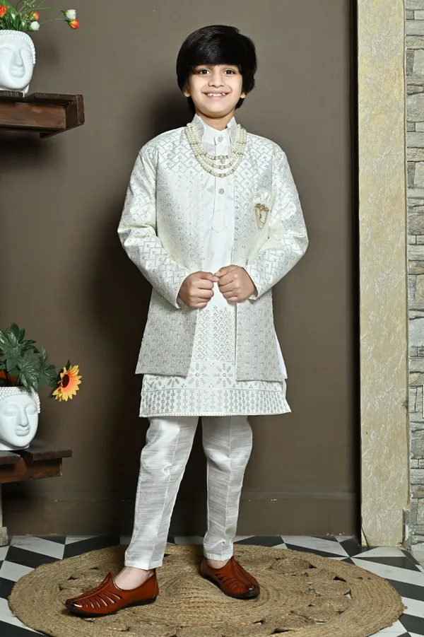 White_Cotton_Silk_Kurta,_Waistcoat_And_Pyjama_Set_Embellished_For_Boys