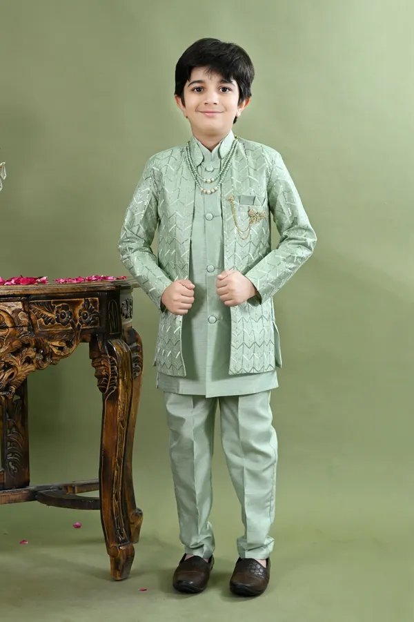 Light_Green_Cotton_Silk_Sherwani_And_Churidar_Set_Embellished_For_Boys