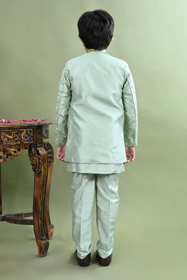 Light_Green_Cotton_Silk_Sherwani_And_Churidar_Set_Embellished_For_Boys
