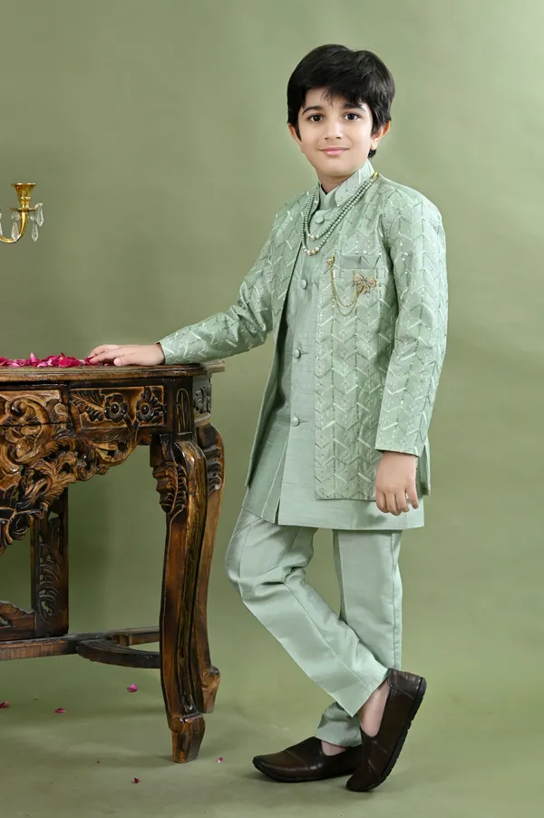 Light_Green_Cotton_Silk_Sherwani_And_Churidar_Set_Embellished_For_Boys