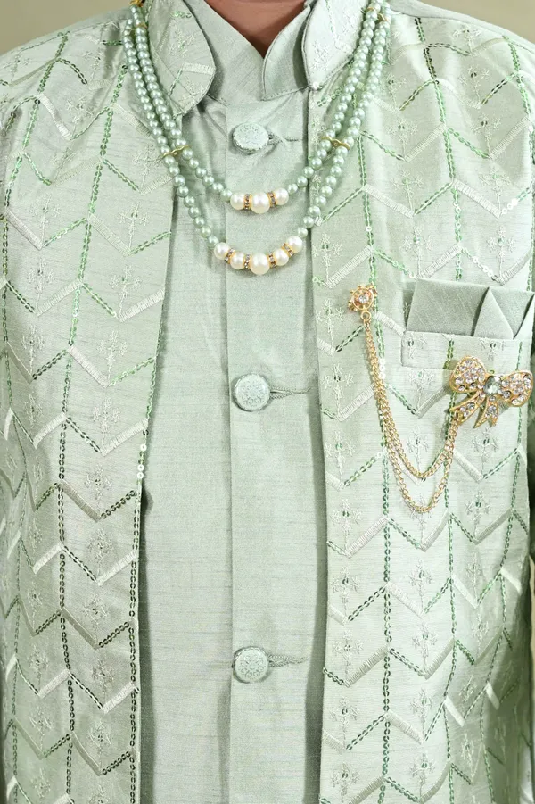 Light_Green_Cotton_Silk_Sherwani_And_Churidar_Set_Embellished_For_Boys