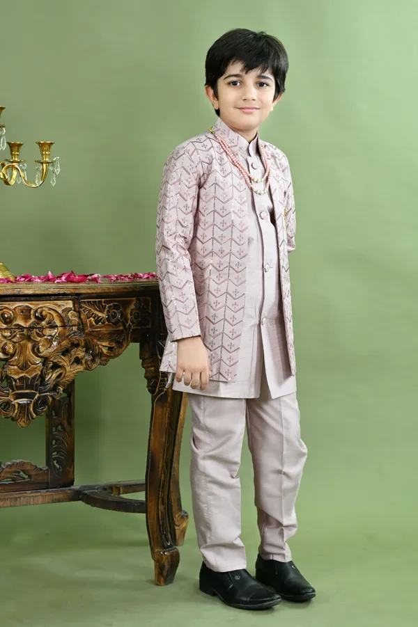 Grey_Cotton_Silk_Sherwani_And_Churidar_Set_Embellished_For_Boys