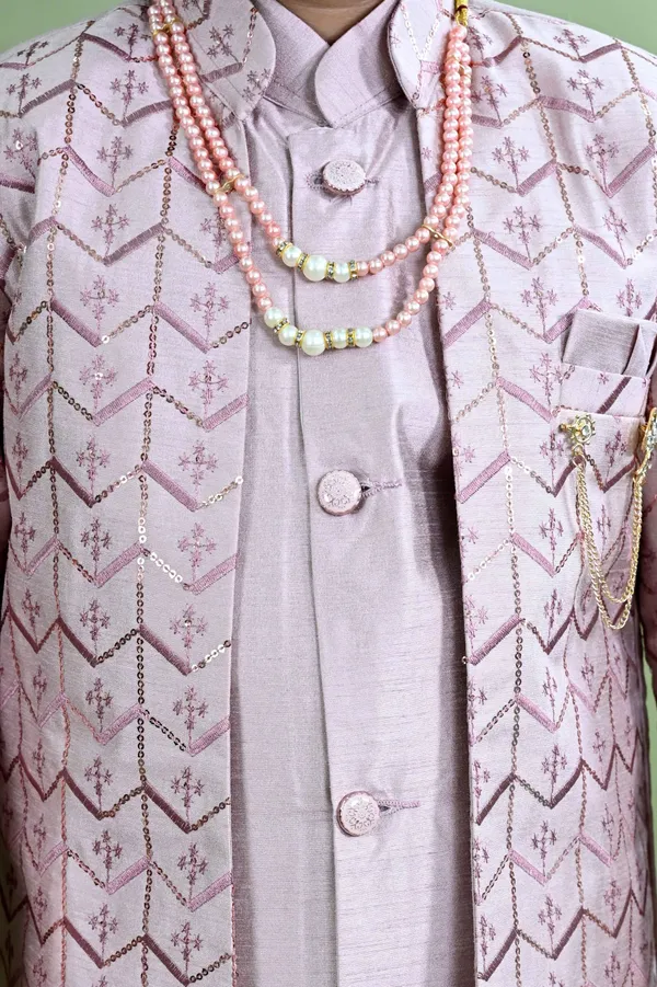 Grey_Cotton_Silk_Sherwani_And_Churidar_Set_Embellished_For_Boys
