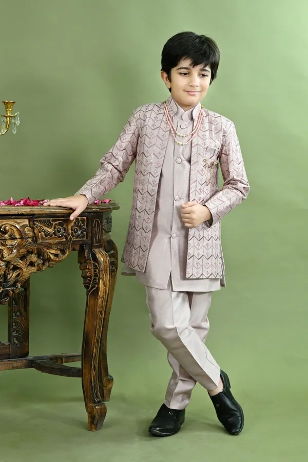 Grey_Cotton_Silk_Sherwani_And_Churidar_Set_Embellished_For_Boys