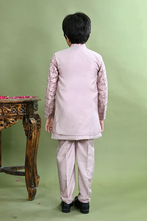 Grey_Cotton_Silk_Sherwani_And_Churidar_Set_Embellished_For_Boys