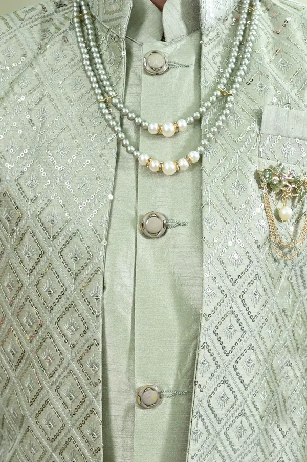 Light_Green_Cotton_Silk_Sherwani_And_Churidar_Set_Embroidered_For_Boys