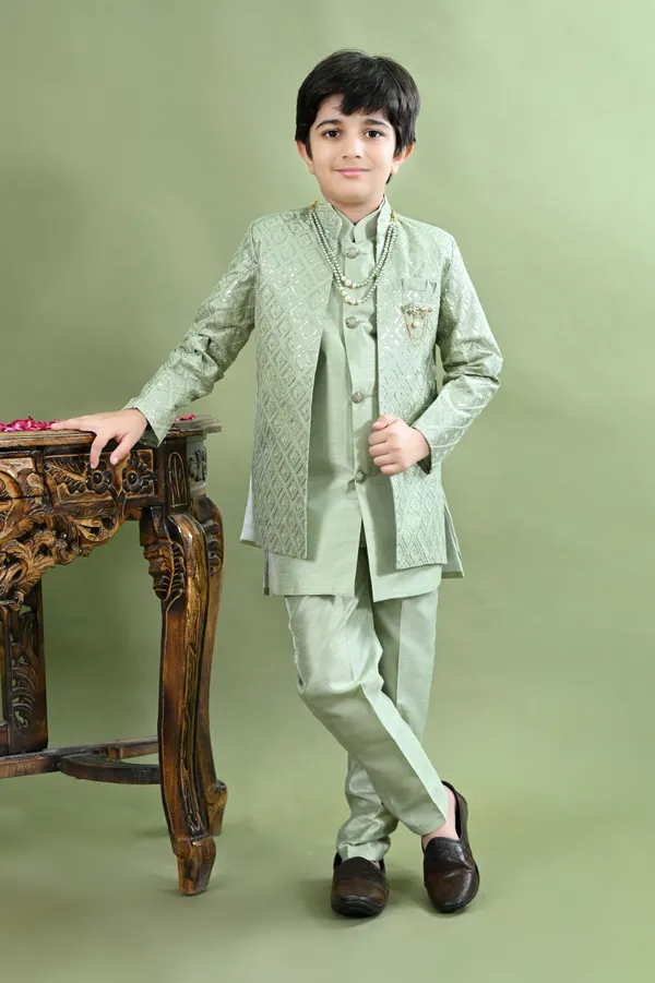 Light_Green_Cotton_Silk_Sherwani_And_Churidar_Set_Embroidered_For_Boys