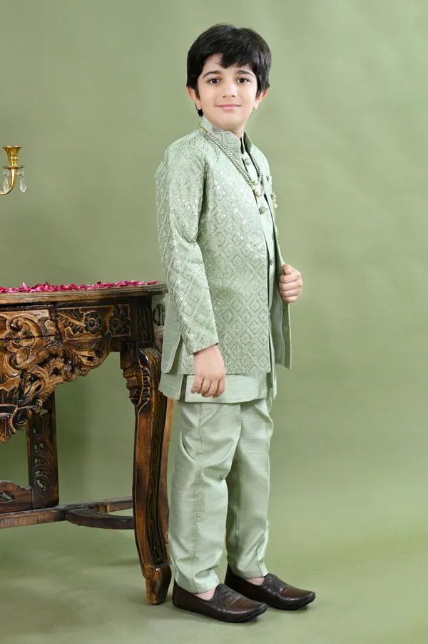 Light_Green_Cotton_Silk_Sherwani_And_Churidar_Set_Embroidered_For_Boys