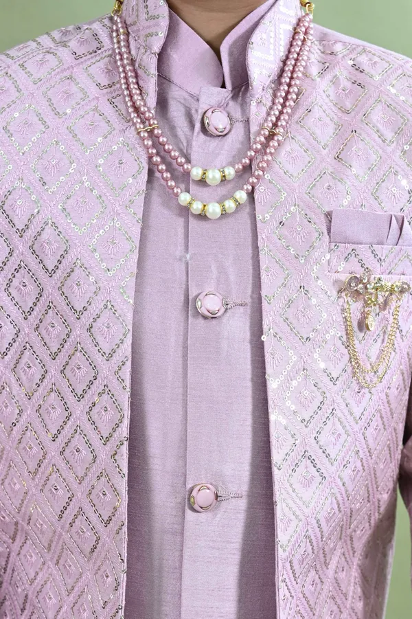 Lavender_Cotton_Silk_Sherwani_And_Churidar_Set_Embroidered_For_Boys