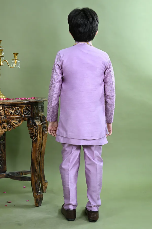 Lavender_Cotton_Silk_Sherwani_And_Churidar_Set_Embroidered_For_Boys