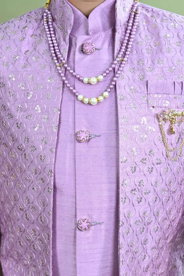 Lavender_Cotton_Silk_Sherwani_And_Churidar_Set_Embroidered_For_Boys