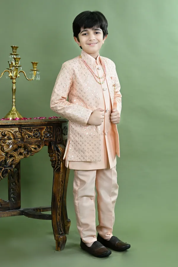 Peach_Cotton_Silk_Sherwani_And_Churidar_Set_Embroidered_For_Boys