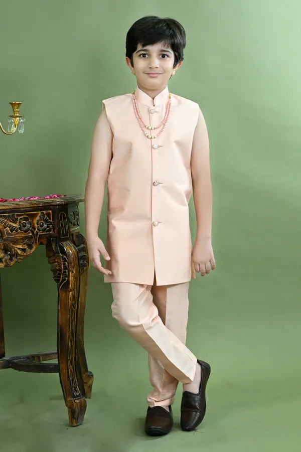 Peach_Cotton_Silk_Sherwani_And_Churidar_Set_Embroidered_For_Boys