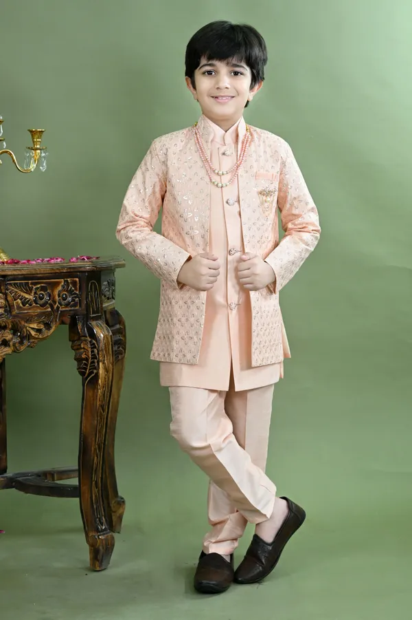 Peach_Cotton_Silk_Sherwani_And_Churidar_Set_Embroidered_For_Boys