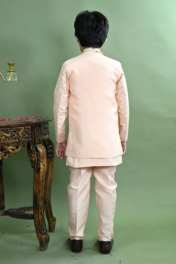 Peach_Cotton_Silk_Sherwani_And_Churidar_Set_Embroidered_For_Boys