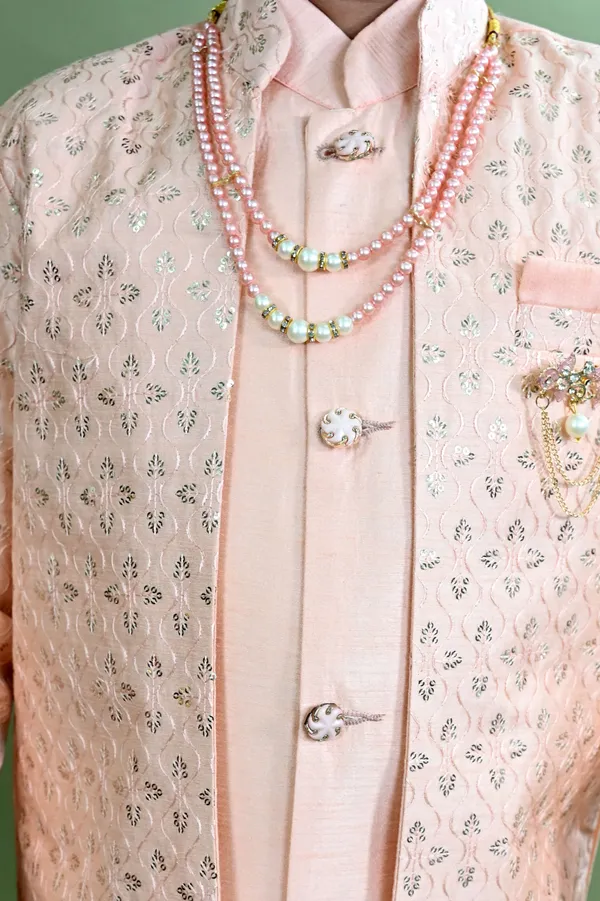 Peach_Cotton_Silk_Sherwani_And_Churidar_Set_Embroidered_For_Boys