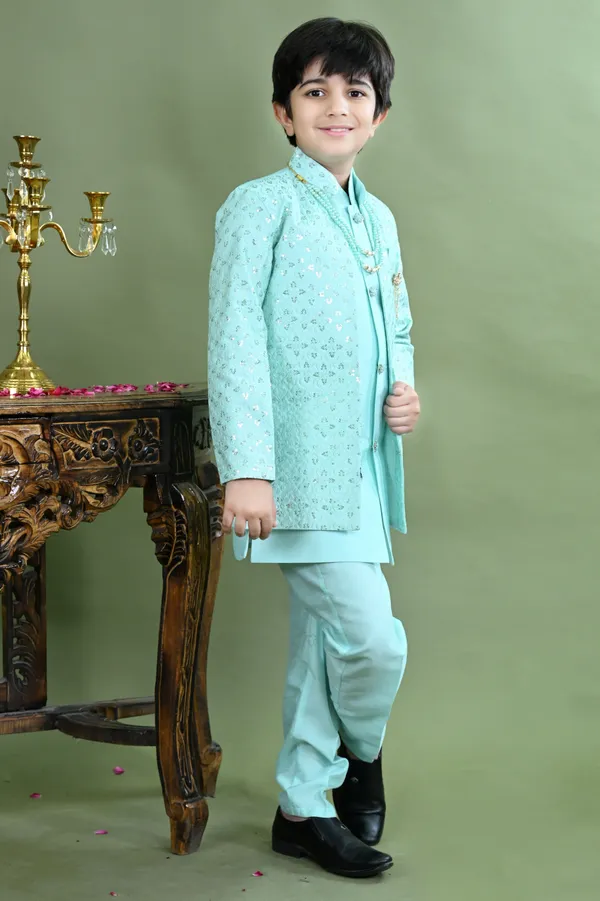 Sea_Green_Cotton_Silk_Sherwani_And_Churidar_Set_Embroidered_For_Boys