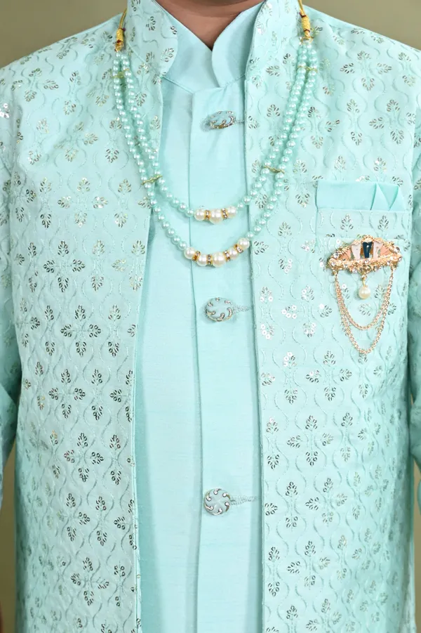 Sea_Green_Cotton_Silk_Sherwani_And_Churidar_Set_Embroidered_For_Boys