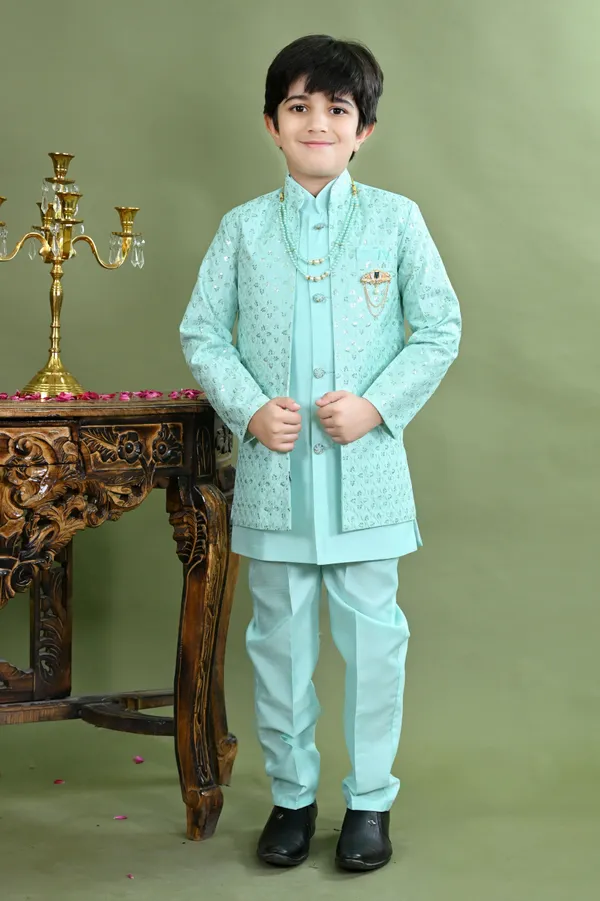 Sea_Green_Cotton_Silk_Sherwani_And_Churidar_Set_Embroidered_For_Boys