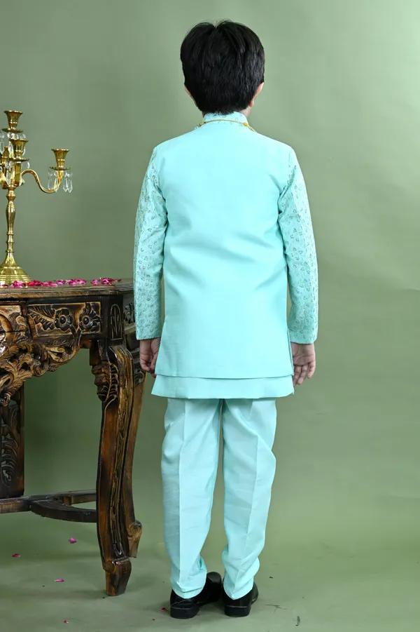 Sea_Green_Cotton_Silk_Sherwani_And_Churidar_Set_Embroidered_For_Boys