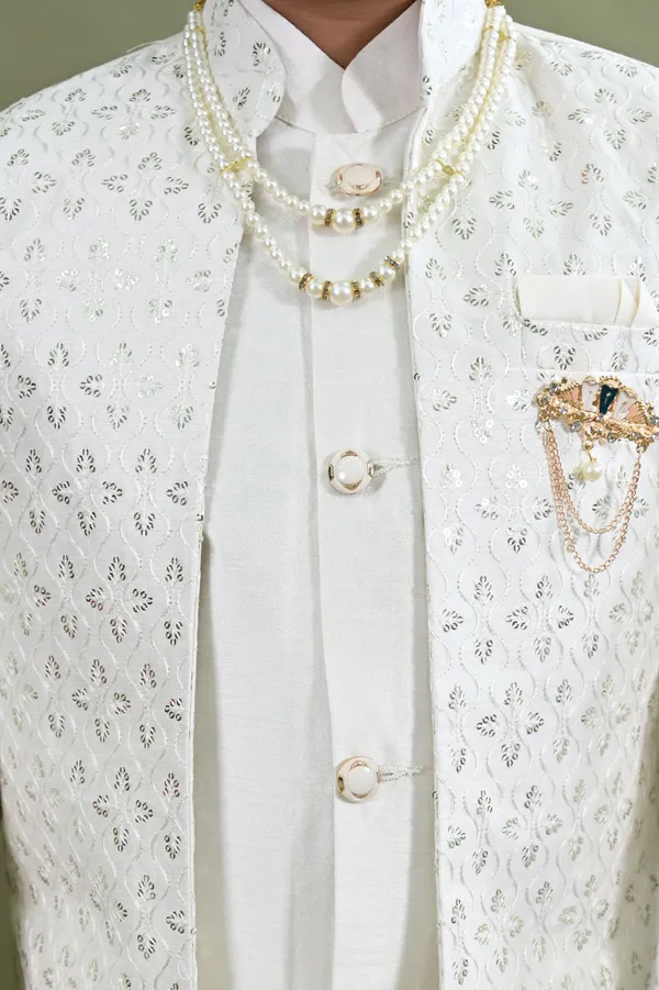 White_Cotton_Silk_Sherwani_And_Churidar_Set_Embroidered_For_Boys