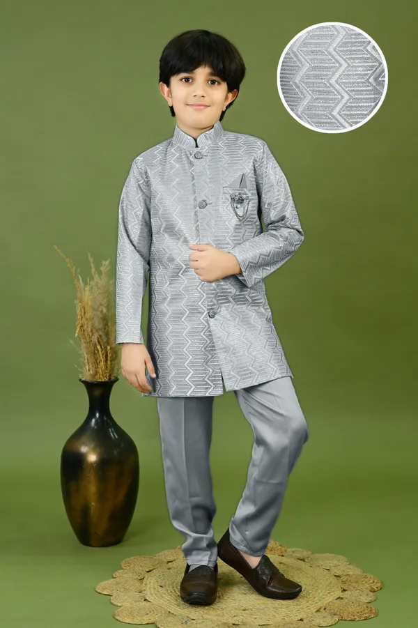Grey_Satin_Blend_Sherwani_And_Churidar_Set_Embroidered_For_Boys